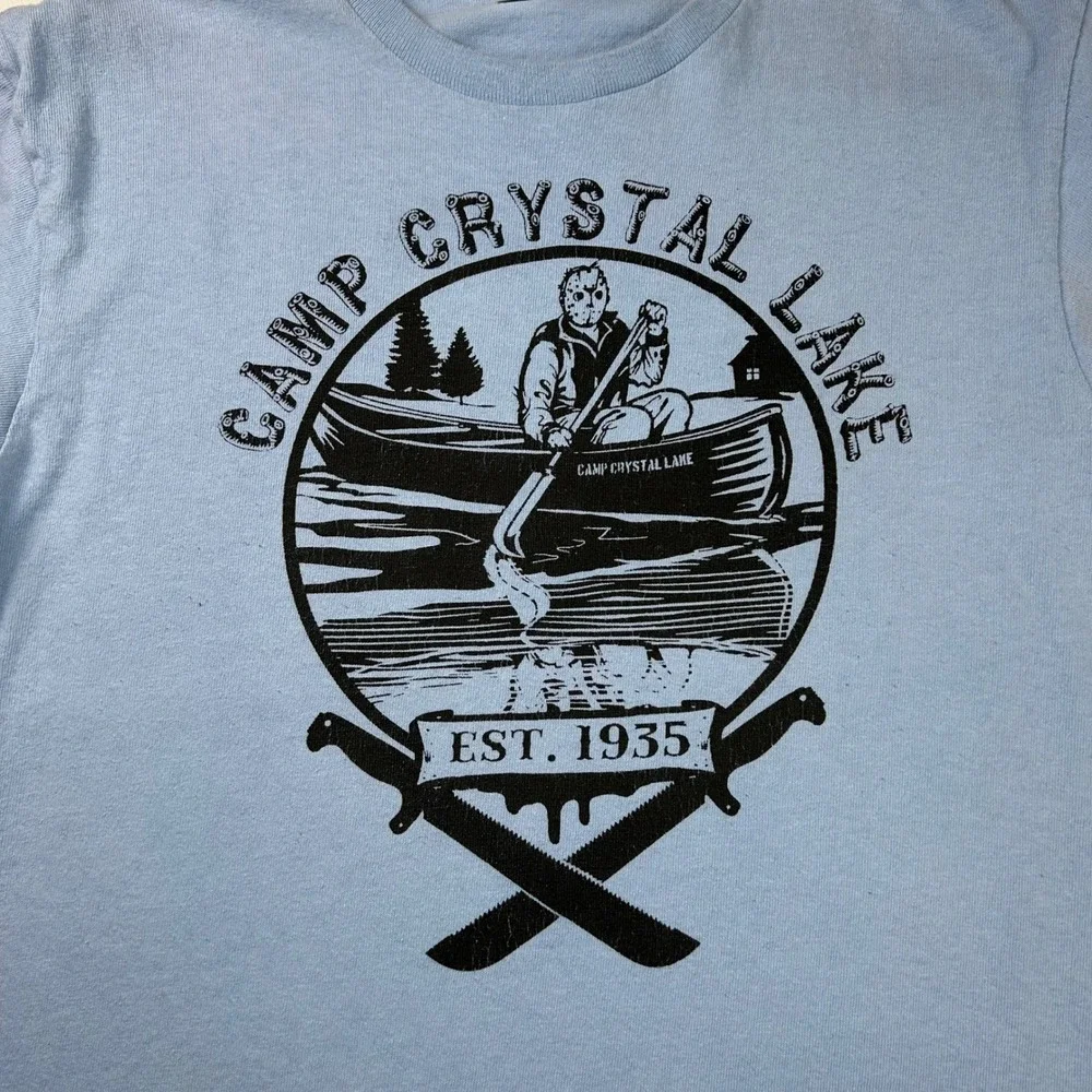 Friday the 13th Camp Crystal Lake Jason Voorhees Blue Graphic T-Shirt Mens Small